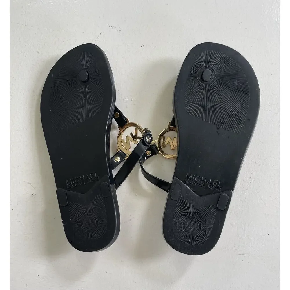 Michael Kors Women Black Logo Thong Sandals Slip On Jelly Summer Flip Flop Sz 7